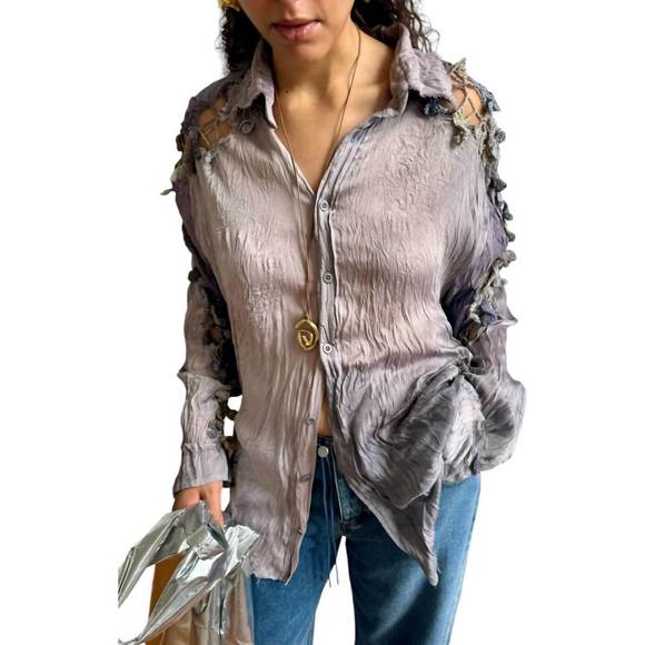 NEW LUNA DEL PINAL orange peel crochet evening shirt in civil twilight - Picture 2 of 4